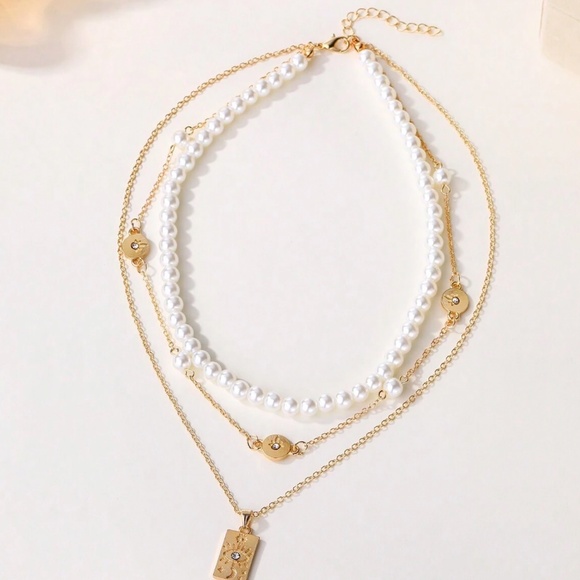 Gold Plated Faux Pearl Evil Eye Multilayer Necklace - Picture 3 of 3